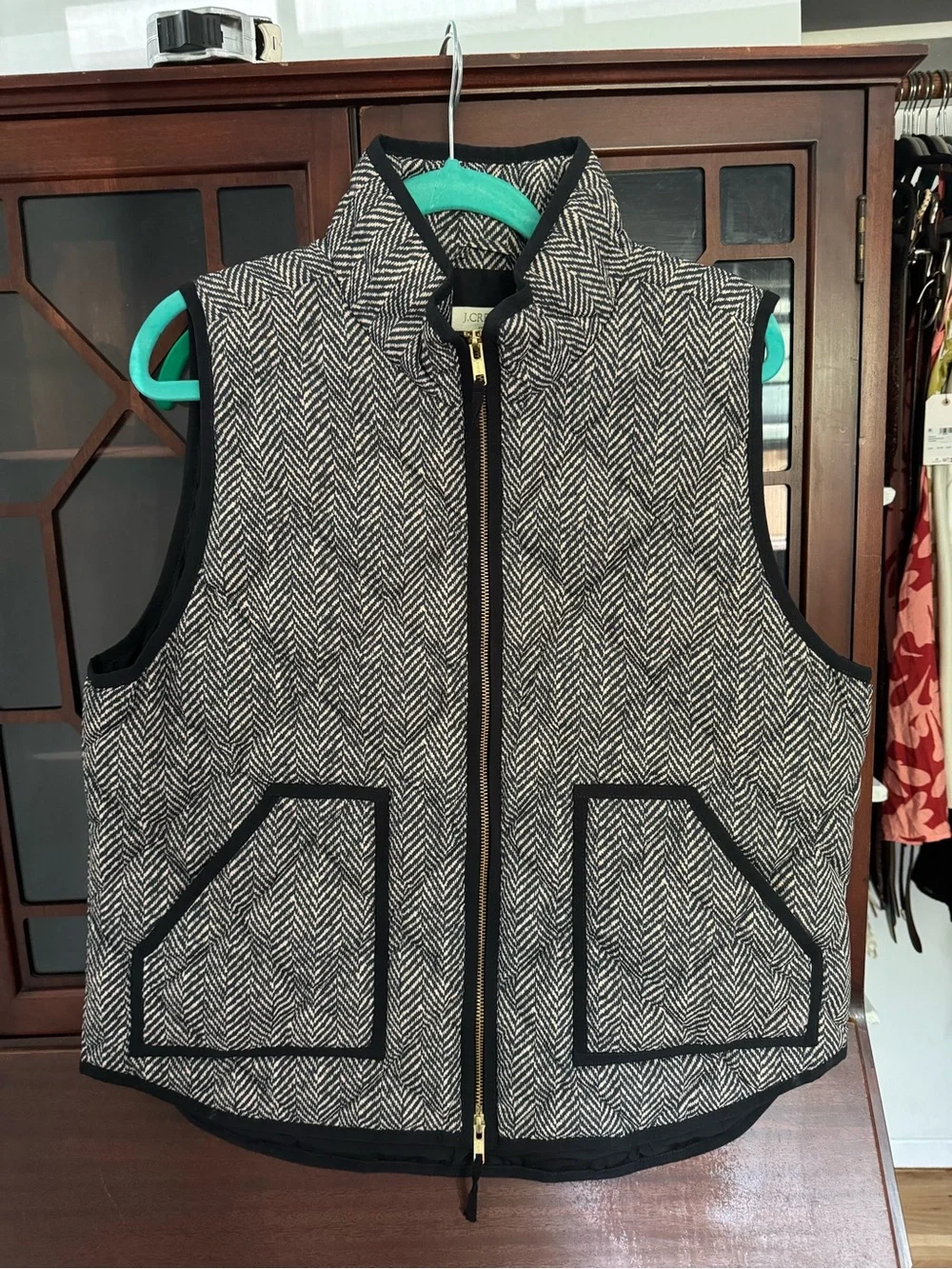 J. Crew Black Quilted Vest with Teal Trim